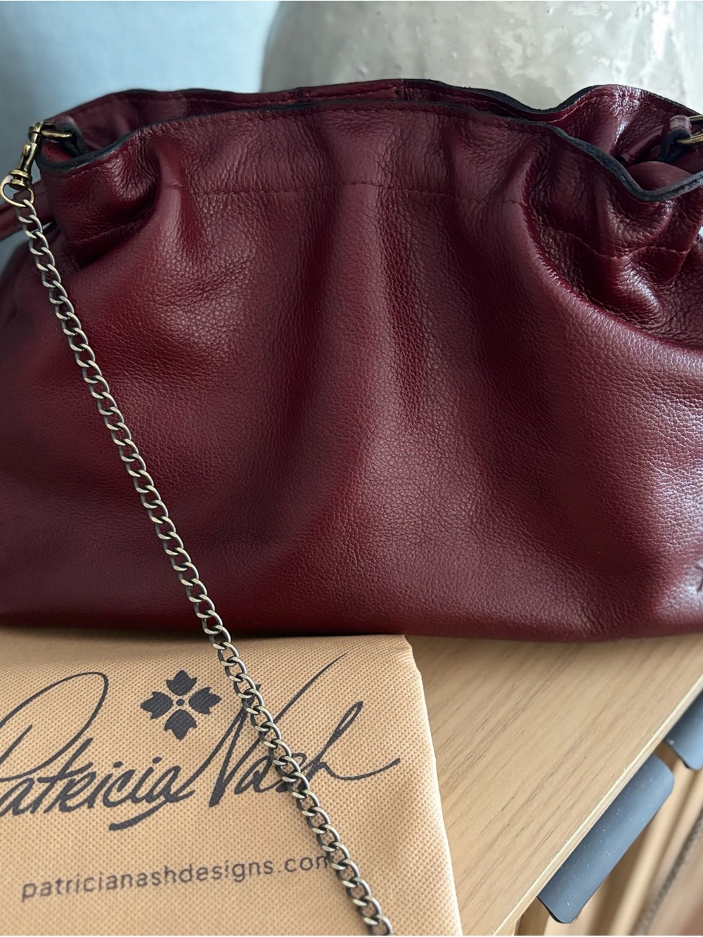 Patricia Nash Wine Red Leather Shoulder Bag with Chain Strap